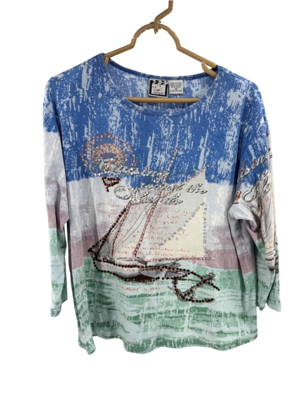 Take Two 1X Sailboat Graphic sequin vintage Top coastal 3/4 sleeve vacation